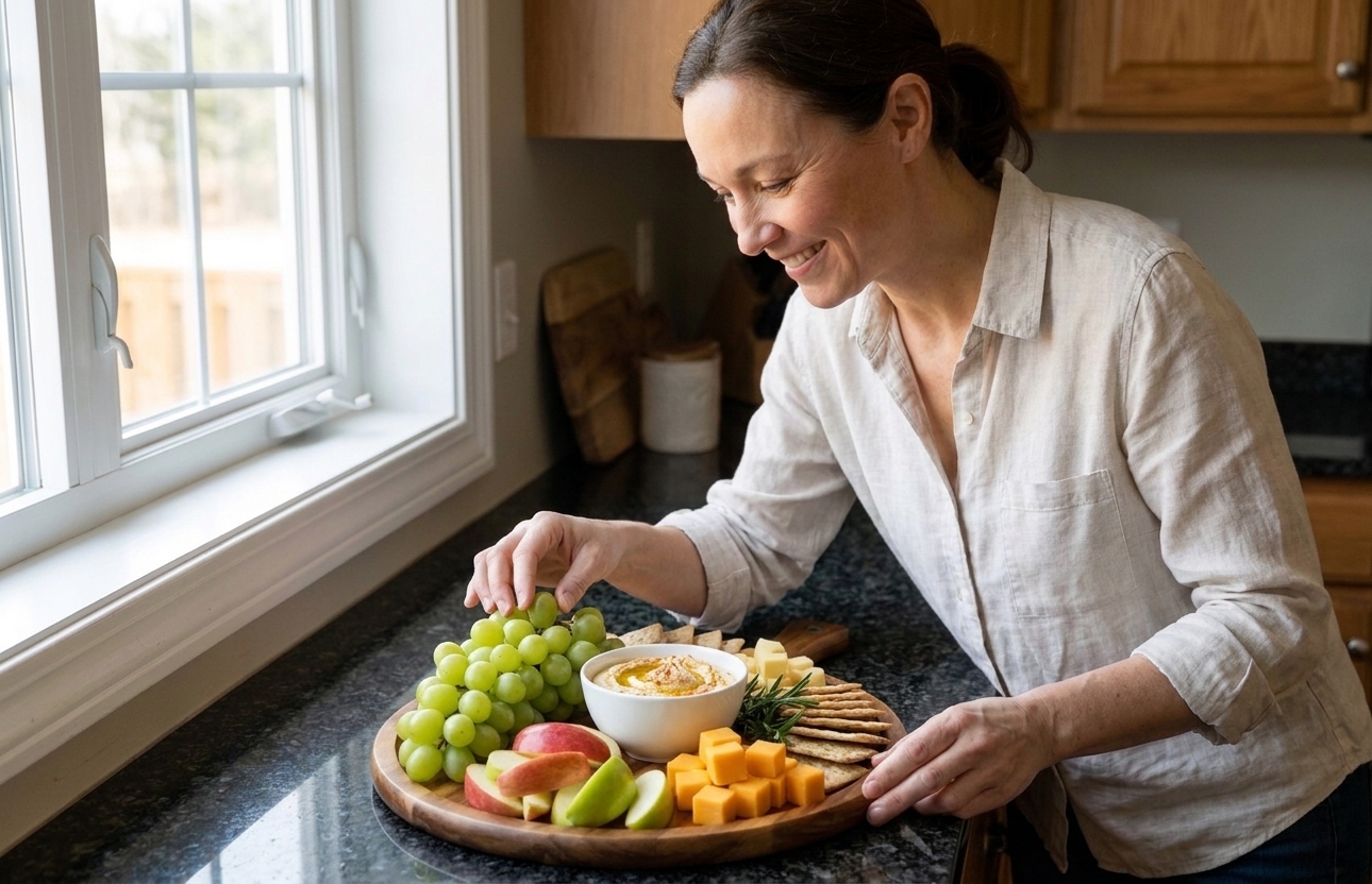 Fresh green grapes and apple slices arranged around cheese and crackers on a charcuterie board
