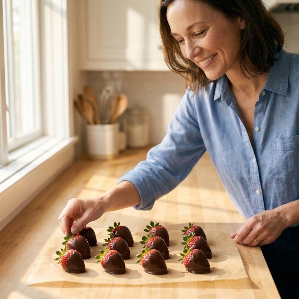 Fresh strawberries dipped in chocolate resting on parchment paper as the chocolate sets