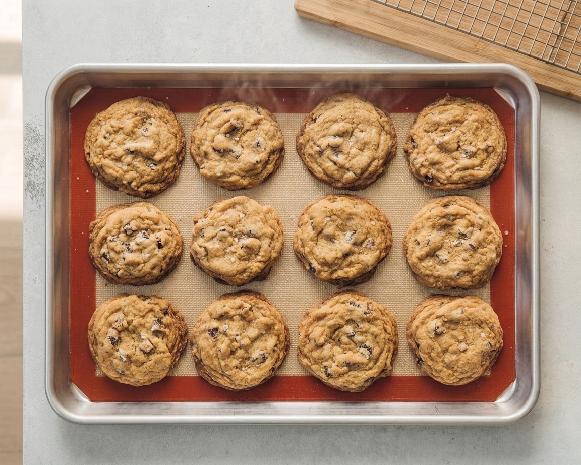 Freshly baked cookies cooling for a few minutes on a lined baking sheet on a kitchen counter