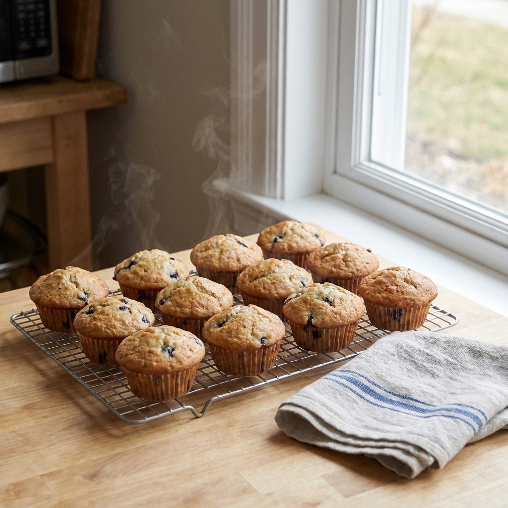 Freshly baked muffins cooling on a wire rack on a kitchen counter with a tea towel nearby