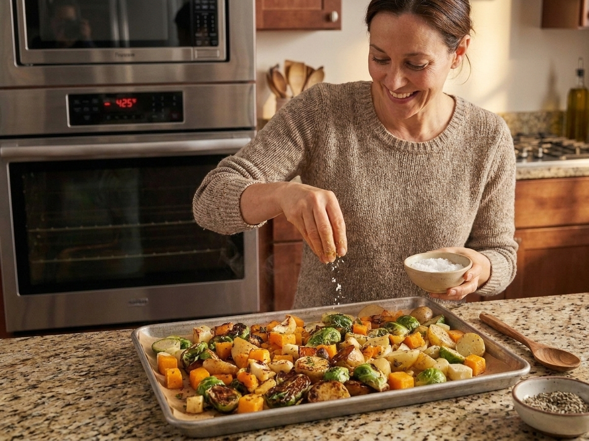 Freshly roasted vegetables on a sheet pan being finished with flaky salt and chopped herbs