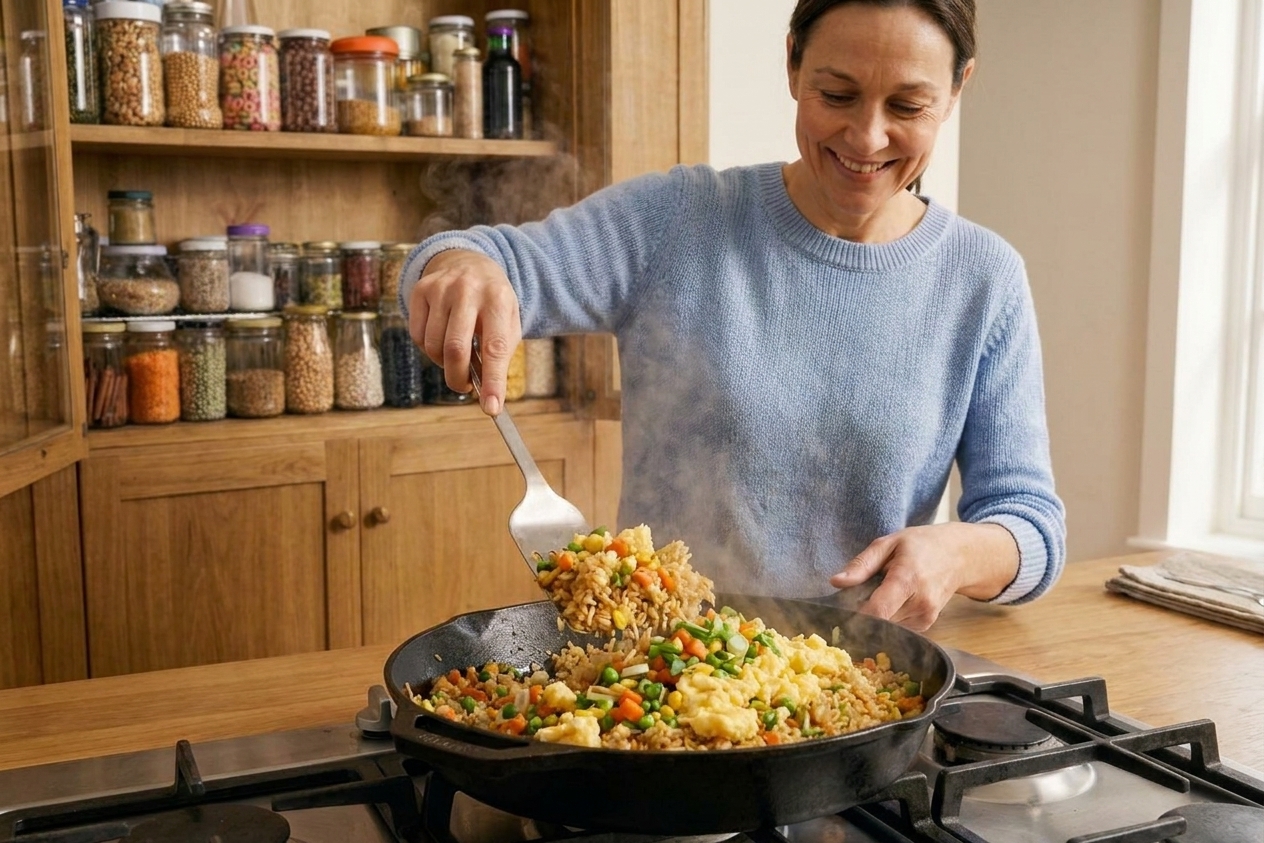 Fried rice with scrambled eggs and mixed vegetables being tossed in a large skillet on the stove