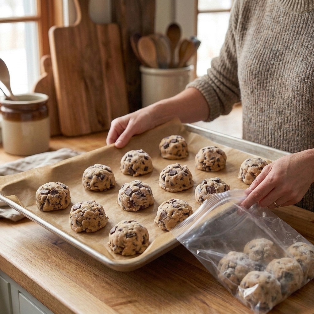 Frozen chocolate chip cookie dough balls spaced on a parchment-lined baking sheet ready to transfer to a freezer bag
