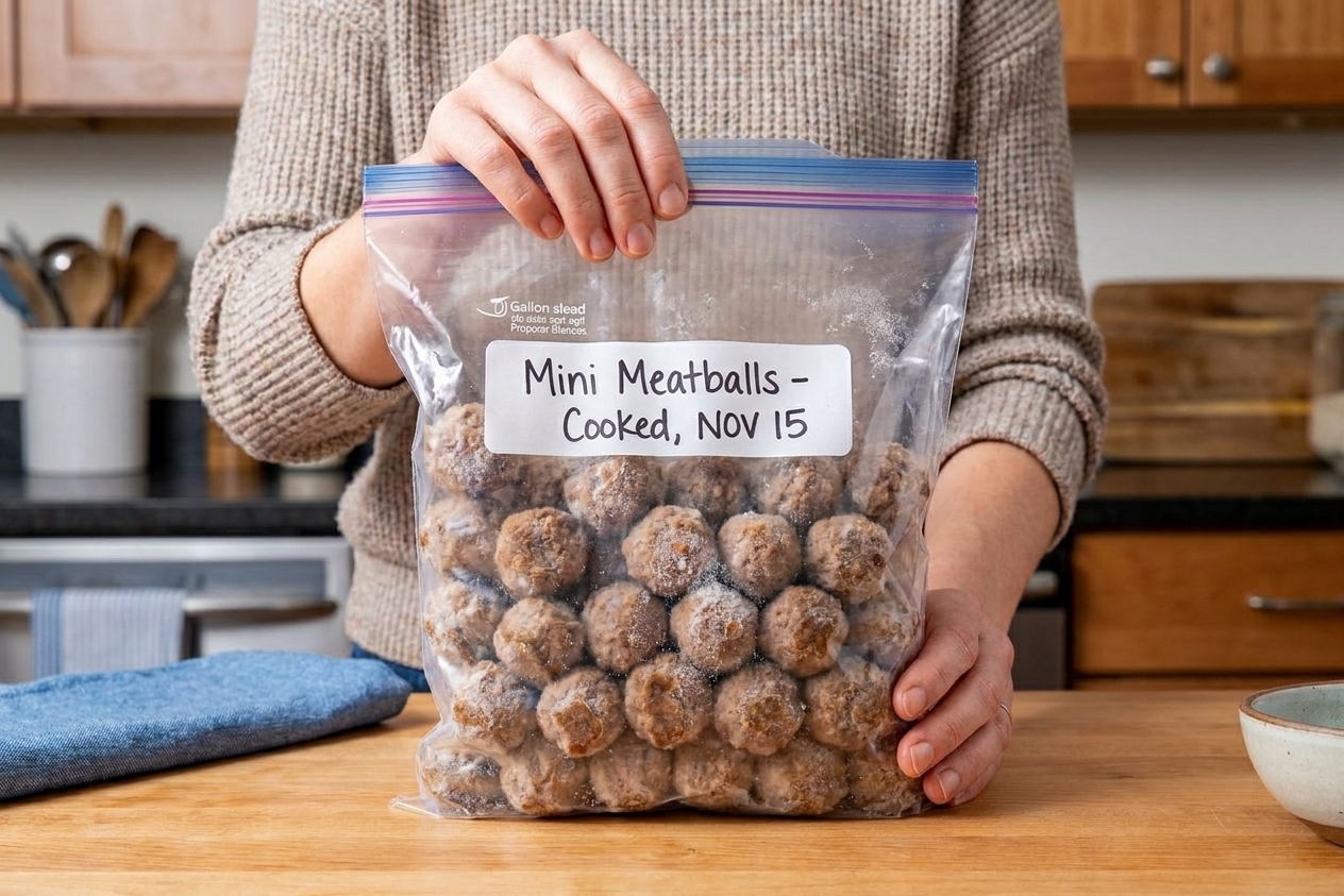 Frozen cooked mini meatballs in a labeled zip-top freezer bag on a kitchen counter