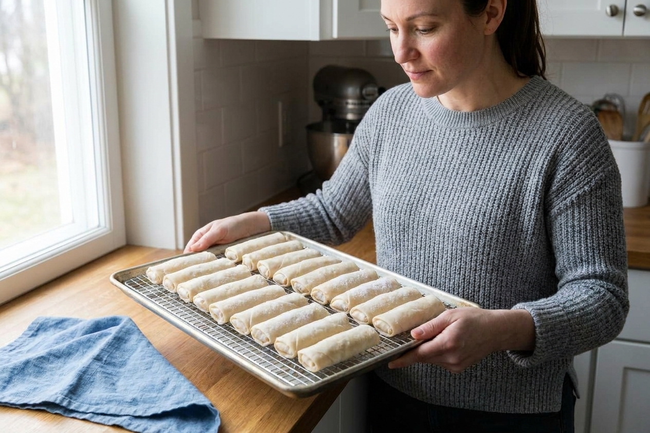Frozen spring rolls arranged on a wire rack set over a sheet pan in a home kitchen