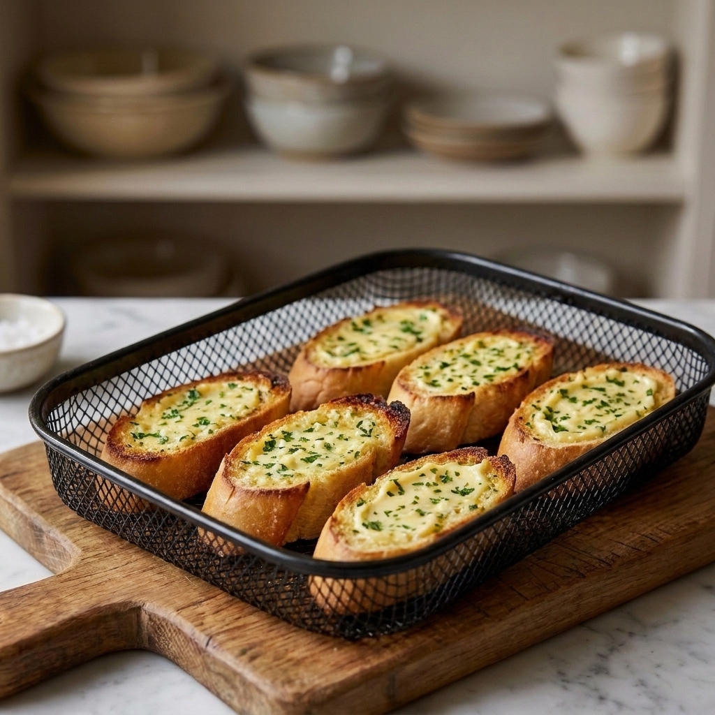 Garlic bread slices arranged in a single layer inside an air fryer basket with toasted edges