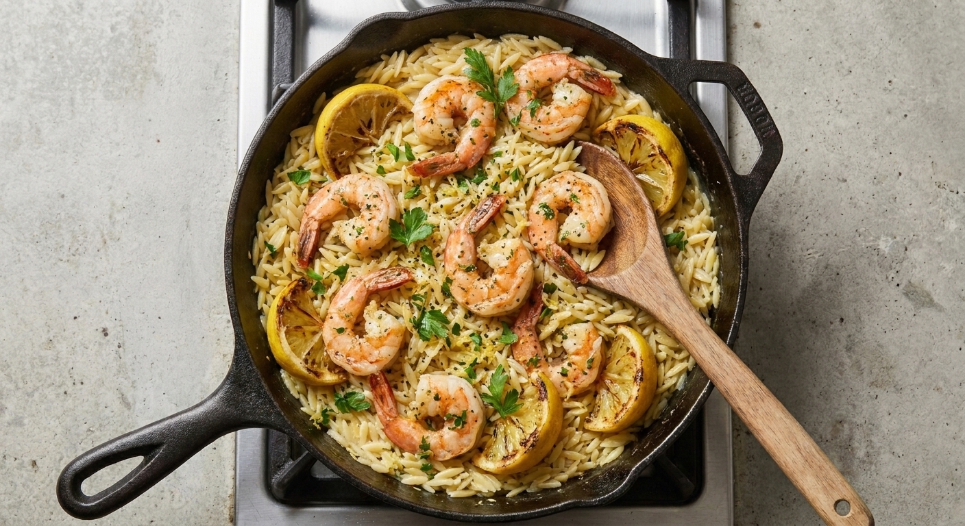 Garlic butter shrimp nestled in orzo with lemon wedges in a shallow skillet