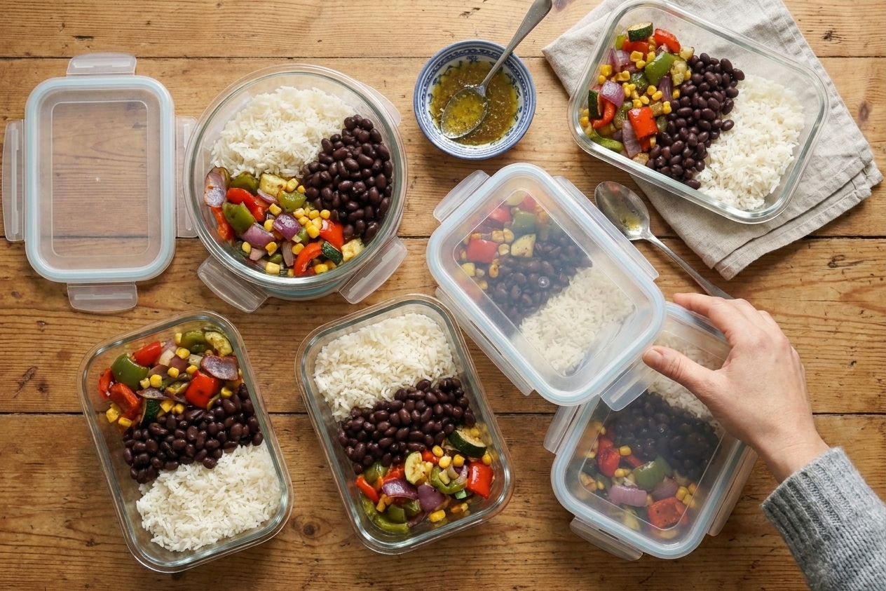 Glass meal prep containers with cooked rice, rinsed beans, and chopped vegetables ready for quick vegetarian dinners
