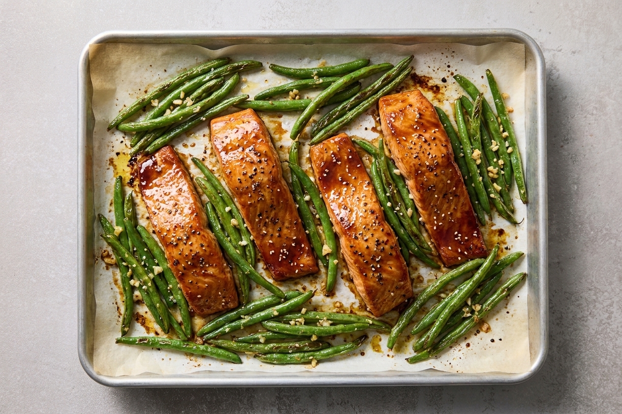 Glazed salmon fillets roasting beside green beans on a lined sheet pan
