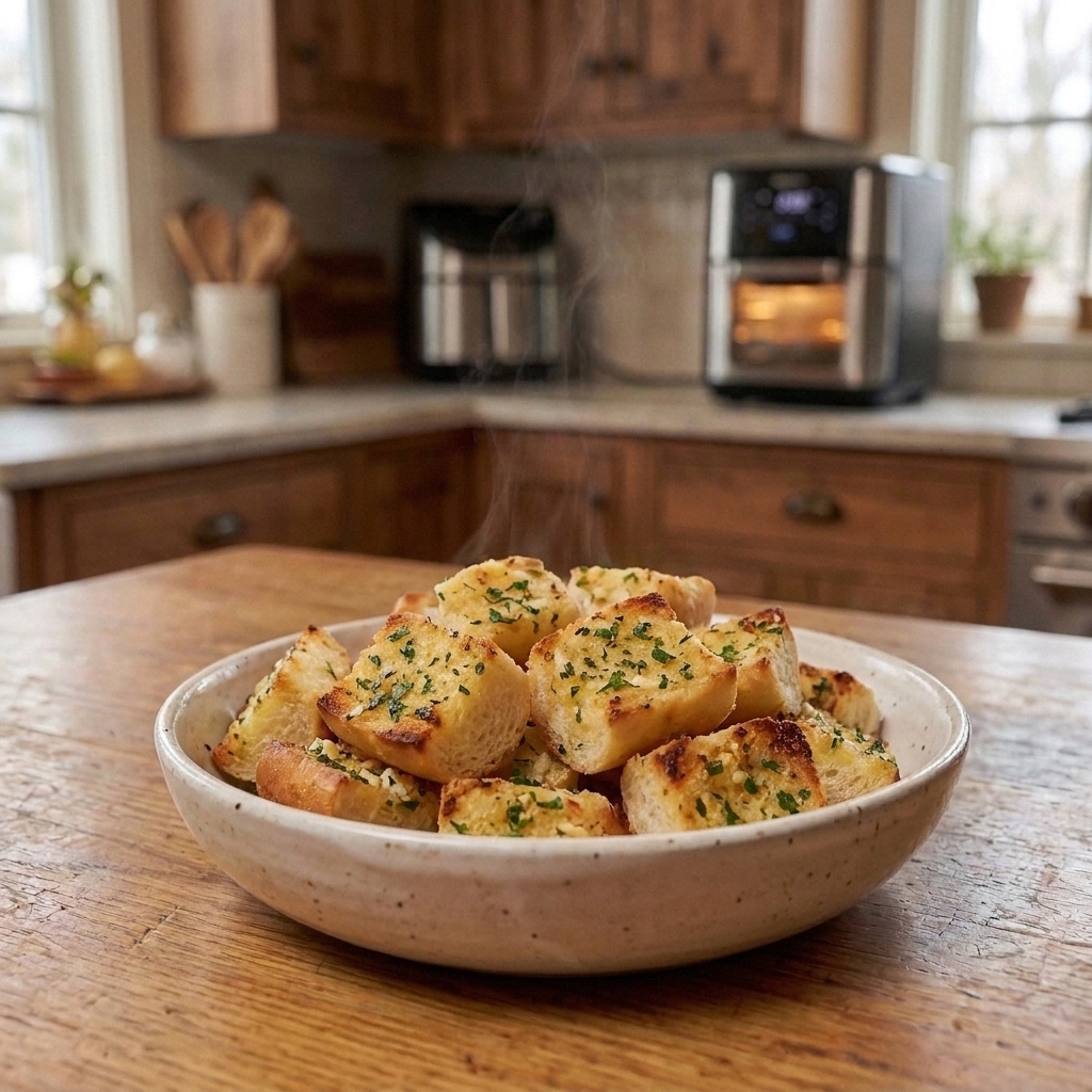 Golden air fryer garlic bread bites in a bowl with visible parsley and a lightly crisped surface