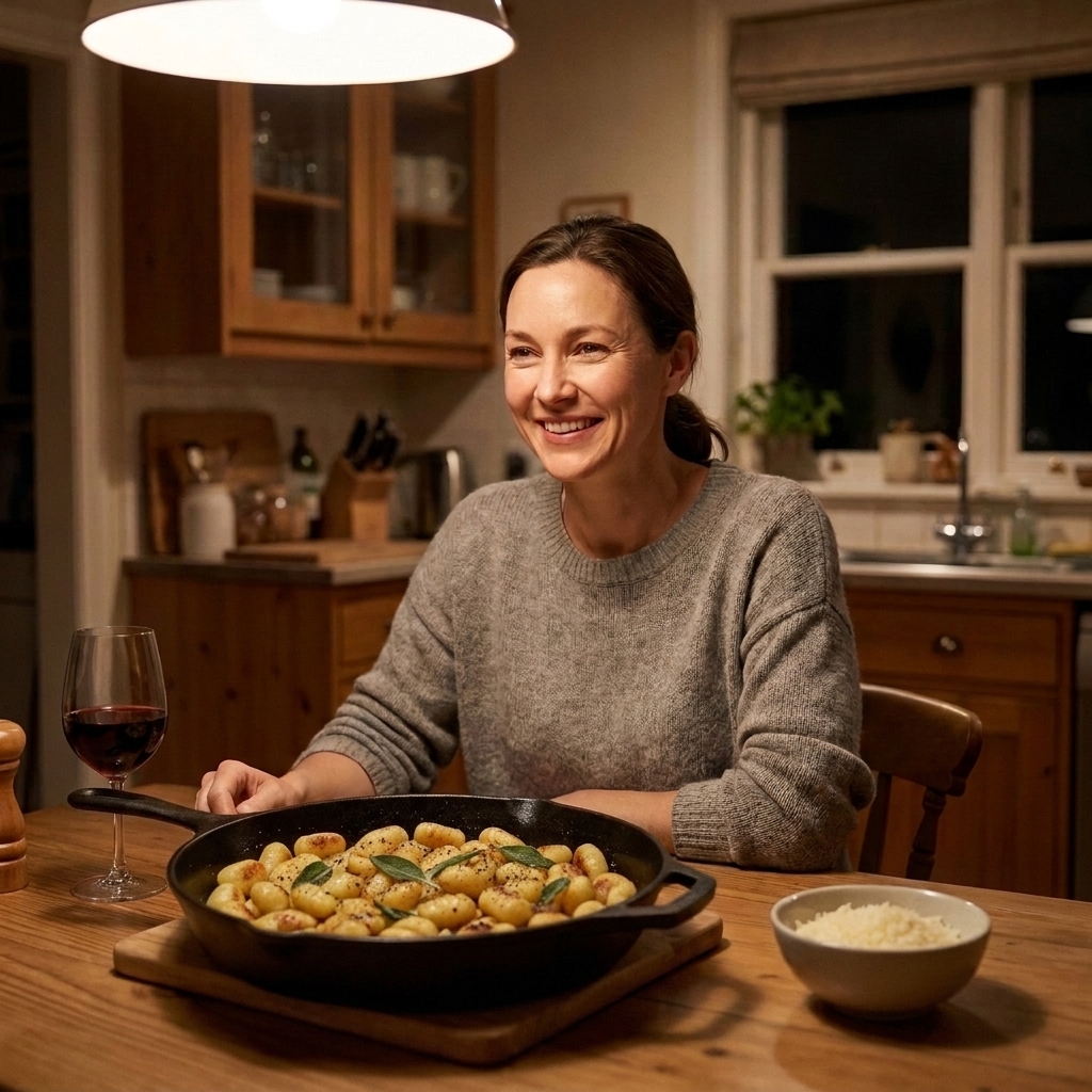 Golden pan-fried gnocchi in a skillet with browned butter and cracked pepper