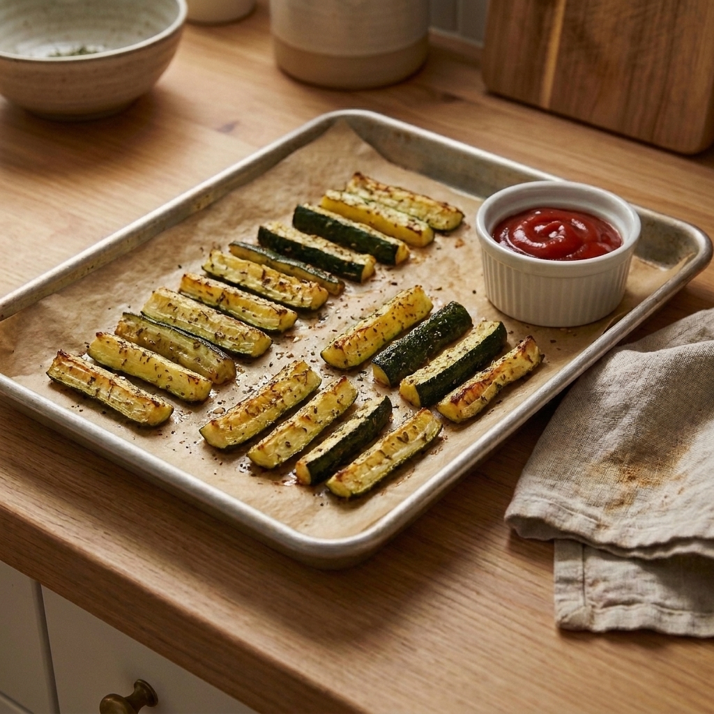 Golden roasted zucchini sticks arranged on a parchment-lined sheet pan with a small bowl of ketchup nearby