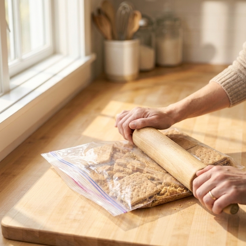 Graham crackers being crushed into crumbs inside a sealed bag on a wooden cutting board