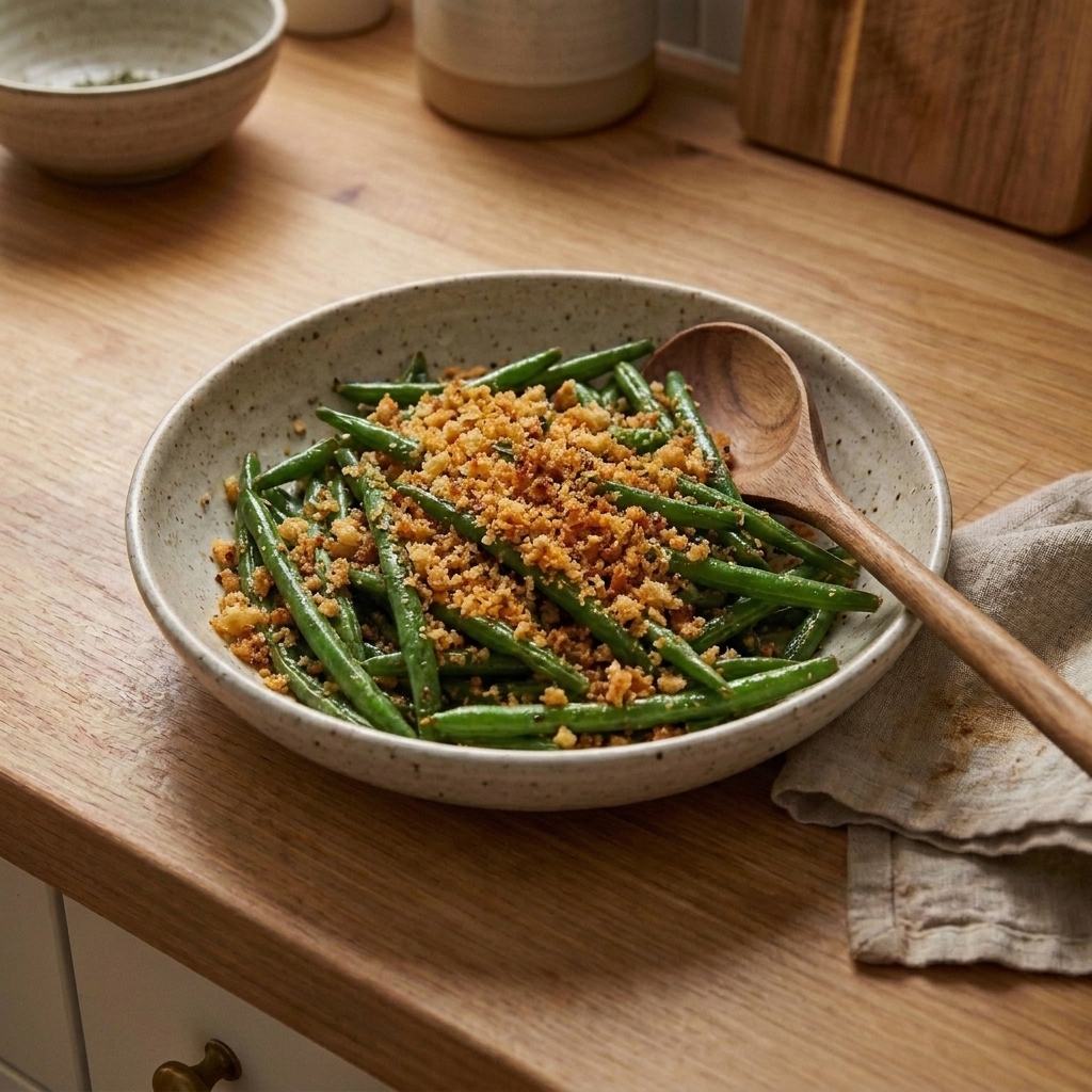 Green beans in a serving dish topped with toasted buttery breadcrumbs and a spoon resting on the side