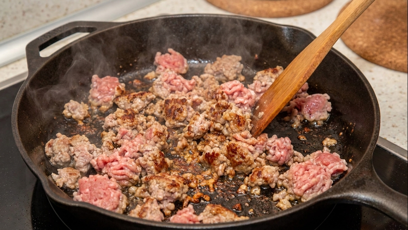 Ground turkey cooking in a hot skillet, starting to brown with browned bits forming on the pan surface