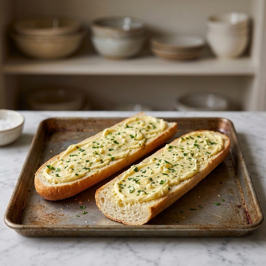 Halved French bread spread with garlic herb butter on a baking sheet, ready to bake