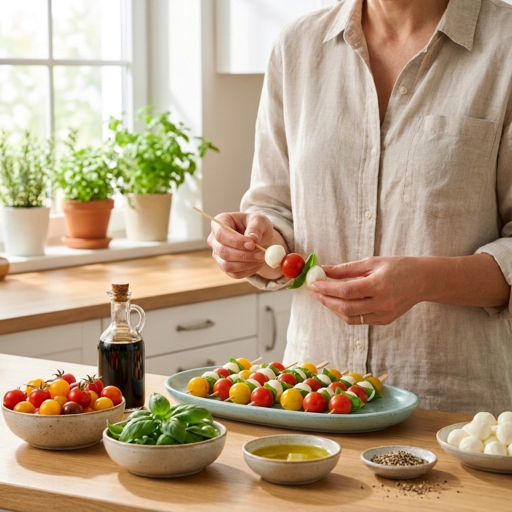 Hands assembling caprese skewers on a kitchen counter with cherry tomatoes, basil leaves, and mozzarella pearls laid out