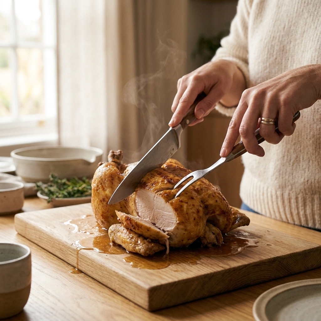 Hands carving a roast chicken on a cutting board in a home kitchen, with a chef knife and resting juices