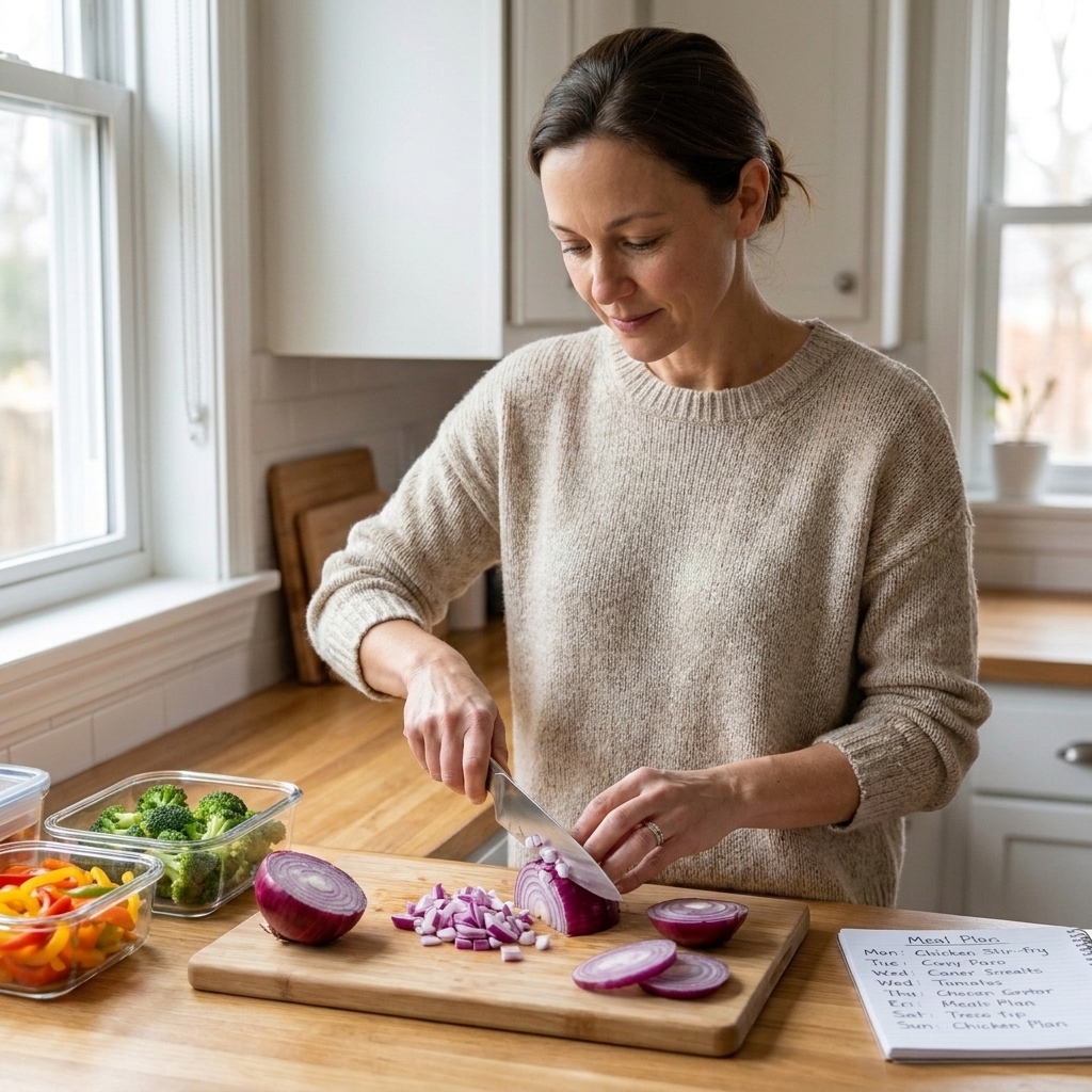 Hands chopping an onion on a cutting board as part of meal prep
