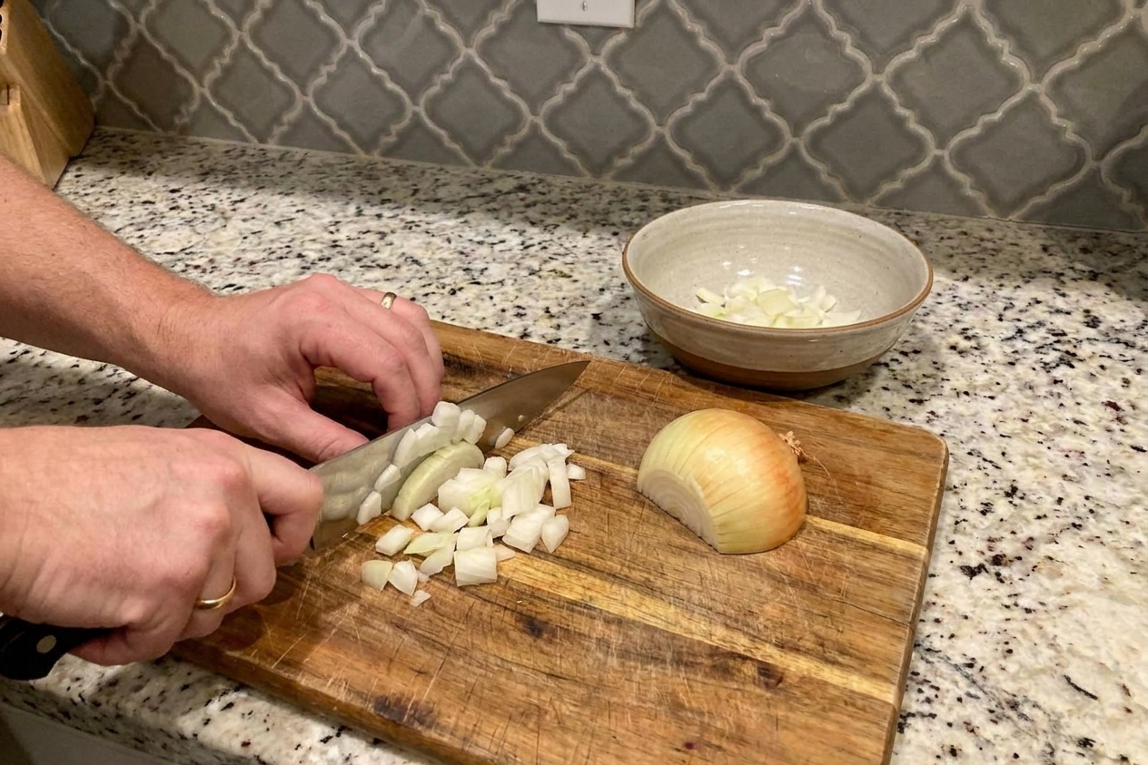 Hands chopping yellow onions on a wooden cutting board beside a chef's knife and a bowl for meal prep