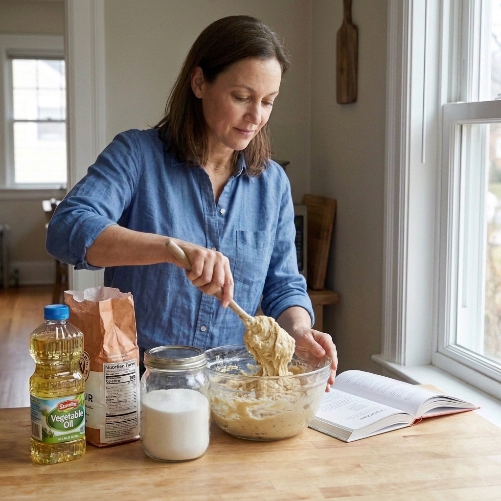 Hands mixing cookie dough in a glass bowl with a wooden spoon on a kitchen counter, showing a thick, creamy texture