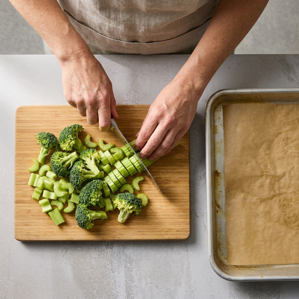 Hands on a cutting board slicing vegetables into even pieces next to a rimmed sheet pan