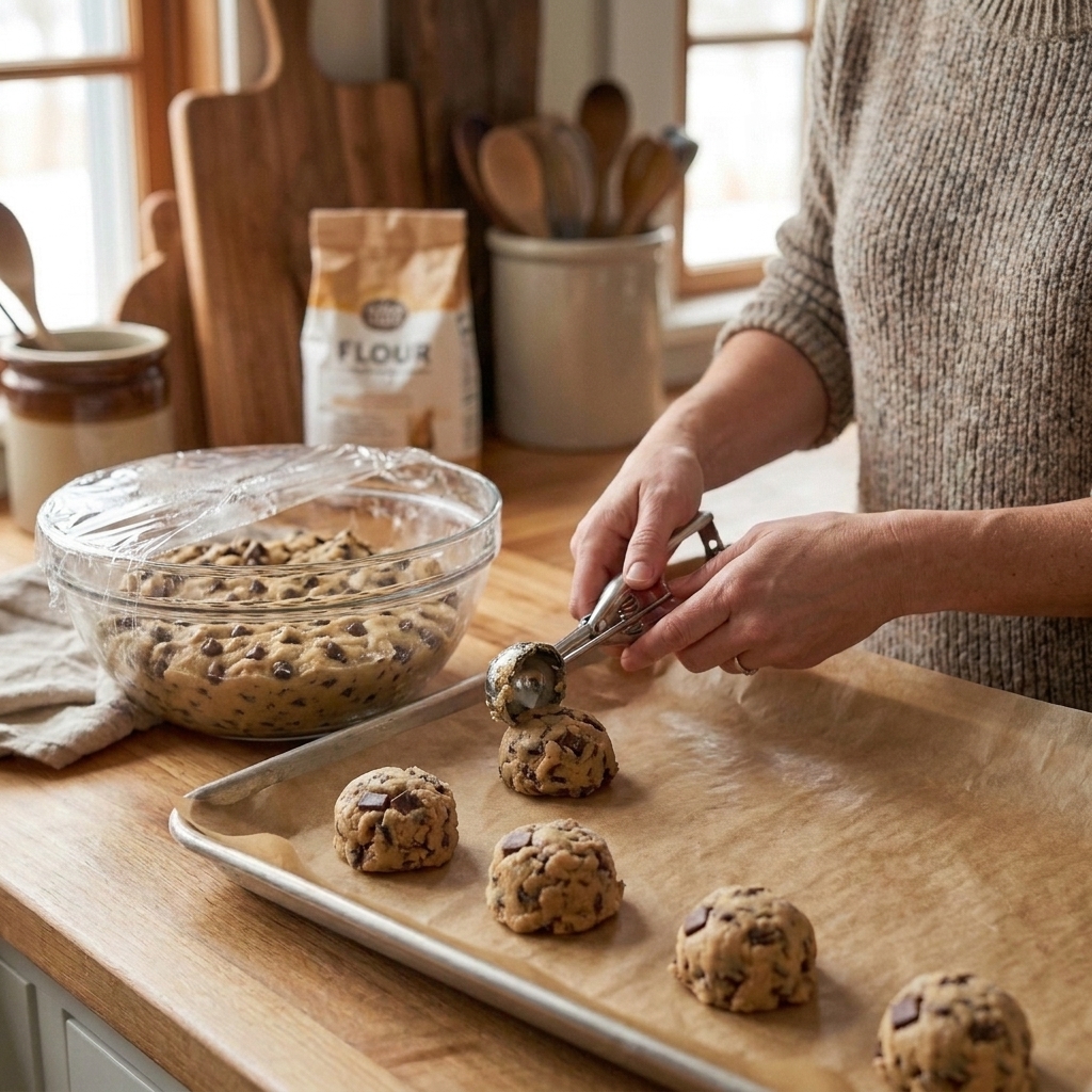 Hands scooping chocolate chip cookie dough onto a parchment-lined baking sheet on a cozy kitchen counter
