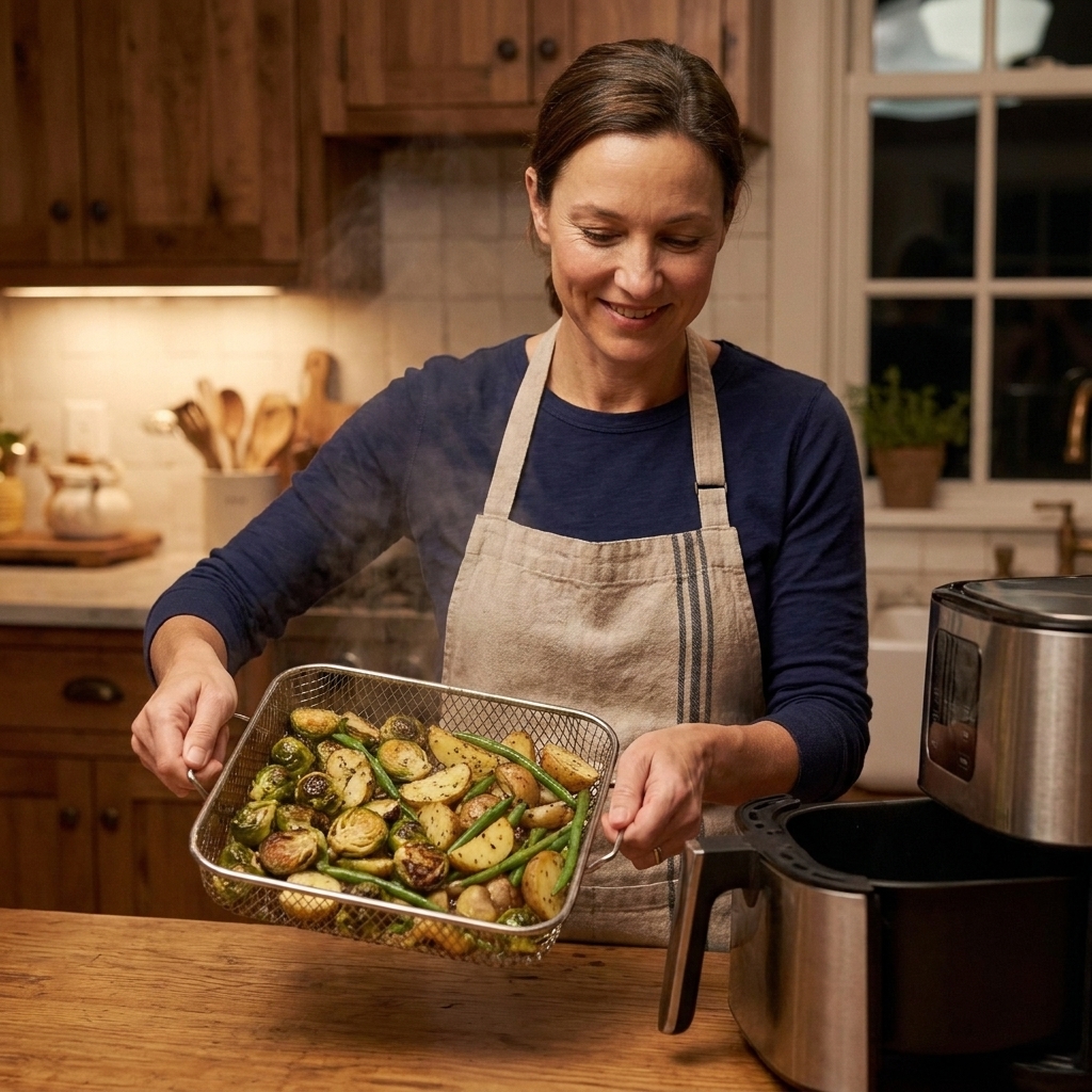 Hands shaking an air fryer basket filled with seasoned vegetables halfway through cooking on a kitchen counter