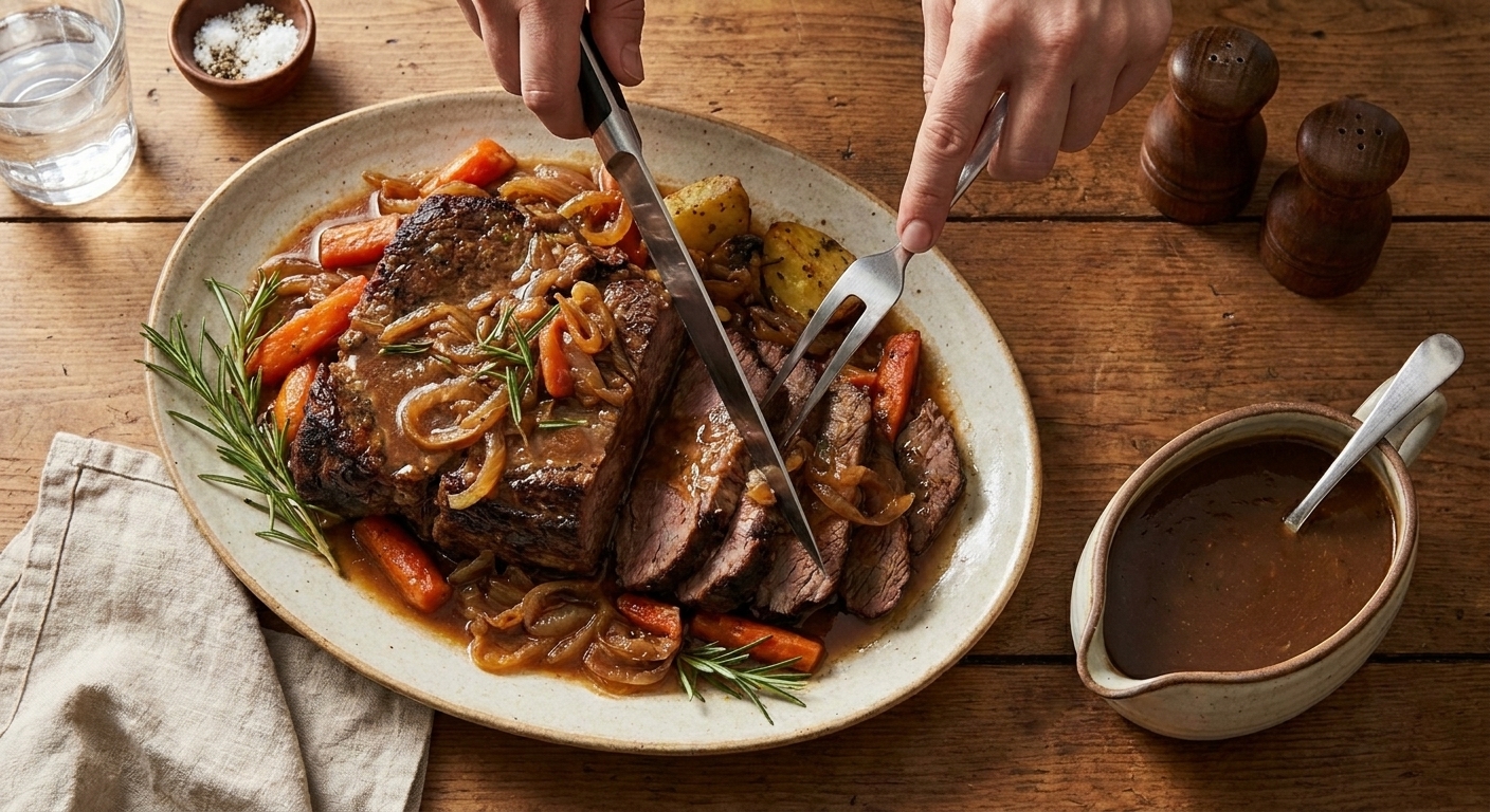 Hands slicing a tender pot roast on a serving platter with carrots and potatoes, with gravy nearby