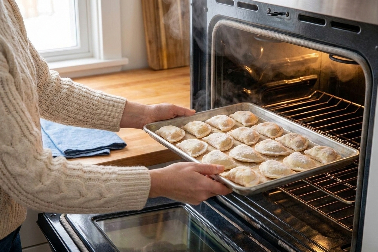 Hands sliding a baking sheet of frozen appetizers into a preheated oven in a cozy home kitchen