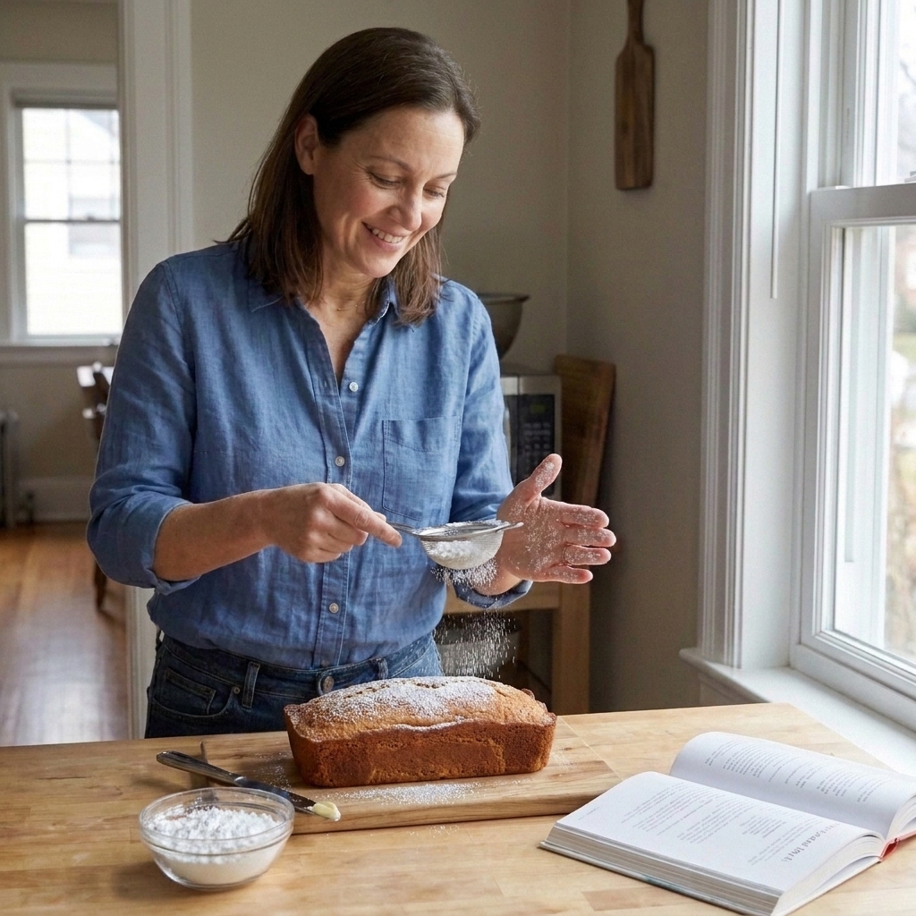 Hands sprinkling powdered sugar over a simple homemade loaf cake on a cutting board in a cozy home kitchen