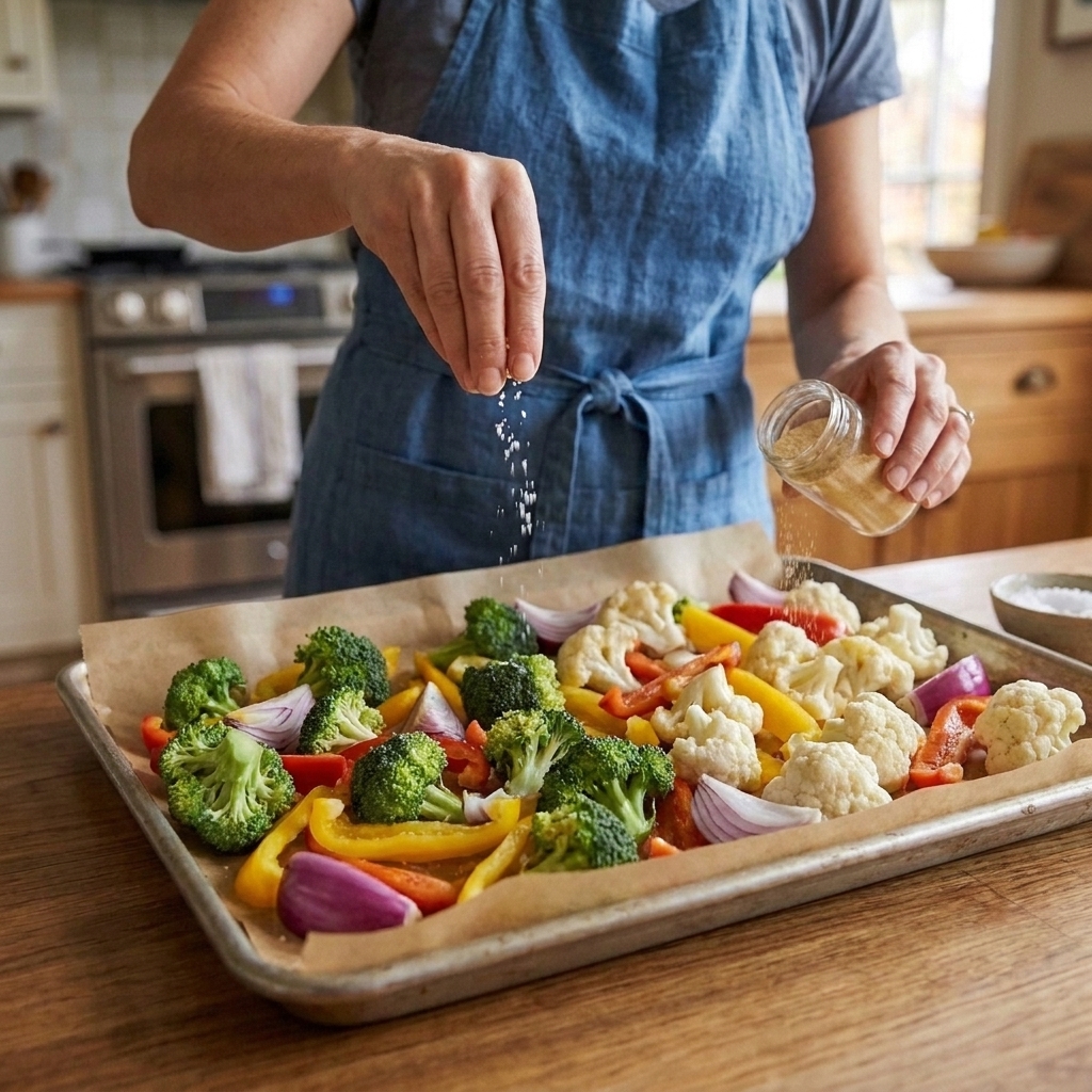 Hands sprinkling salt and garlic powder over chopped vegetables on a parchment-lined sheet pan