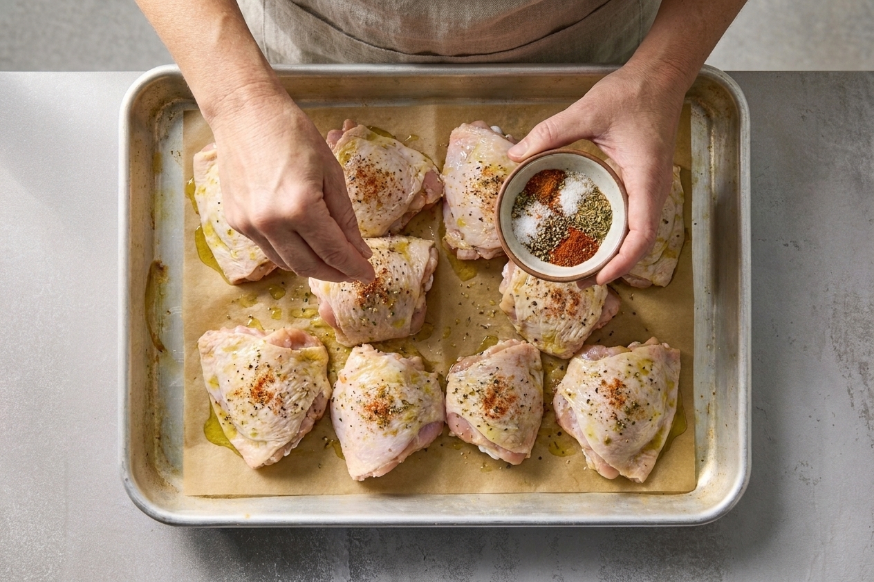 Hands sprinkling seasoning over chicken thighs on a parchment-lined sheet pan before roasting