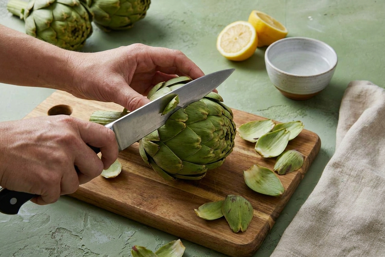 Hands trimming the top of a whole artichoke on a cutting board with a chef's knife