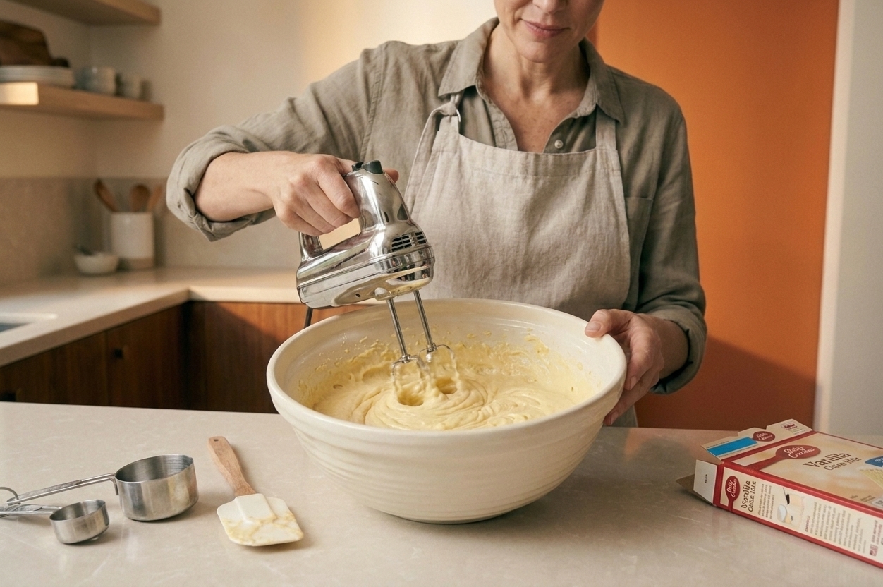 Hands using a hand mixer to blend cake batter in a large mixing bowl on a home kitchen counter