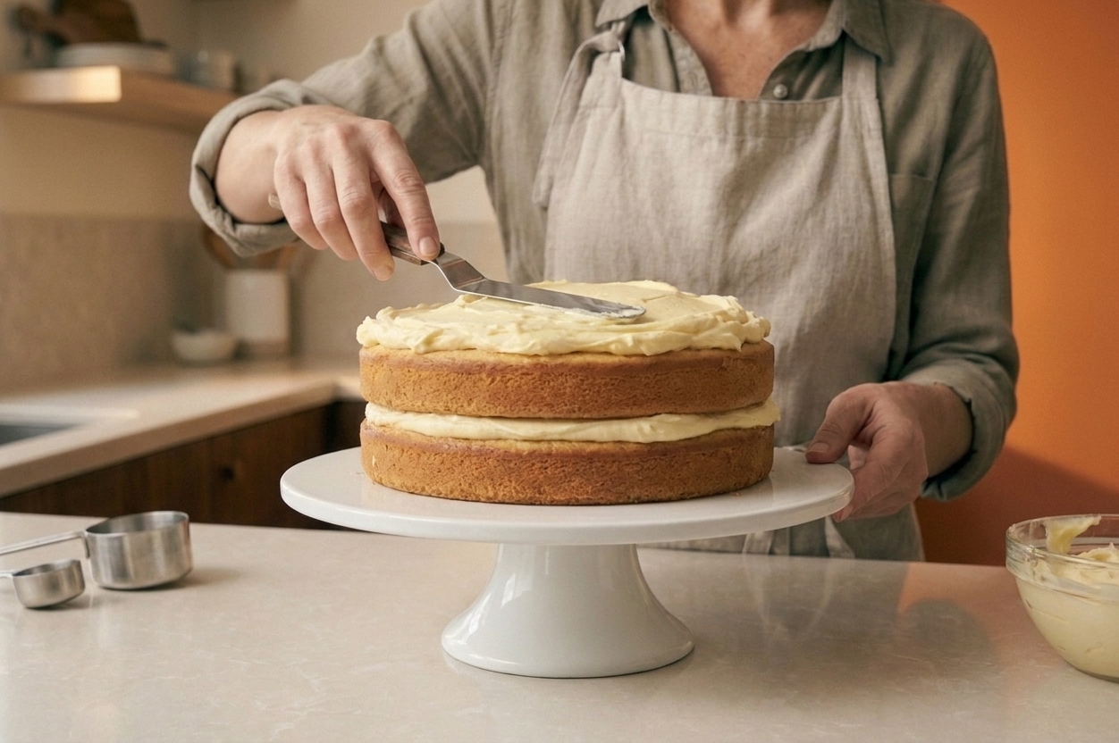 Hands using an offset spatula to spread a thick layer of frosting over a cooled cake on a rotating cake stand