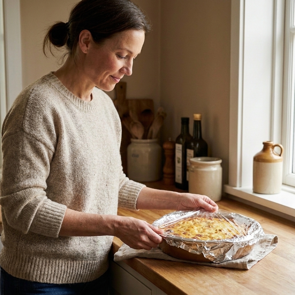 Hands wrapping a casserole dish tightly with foil and plastic wrap for the freezer on a kitchen counter