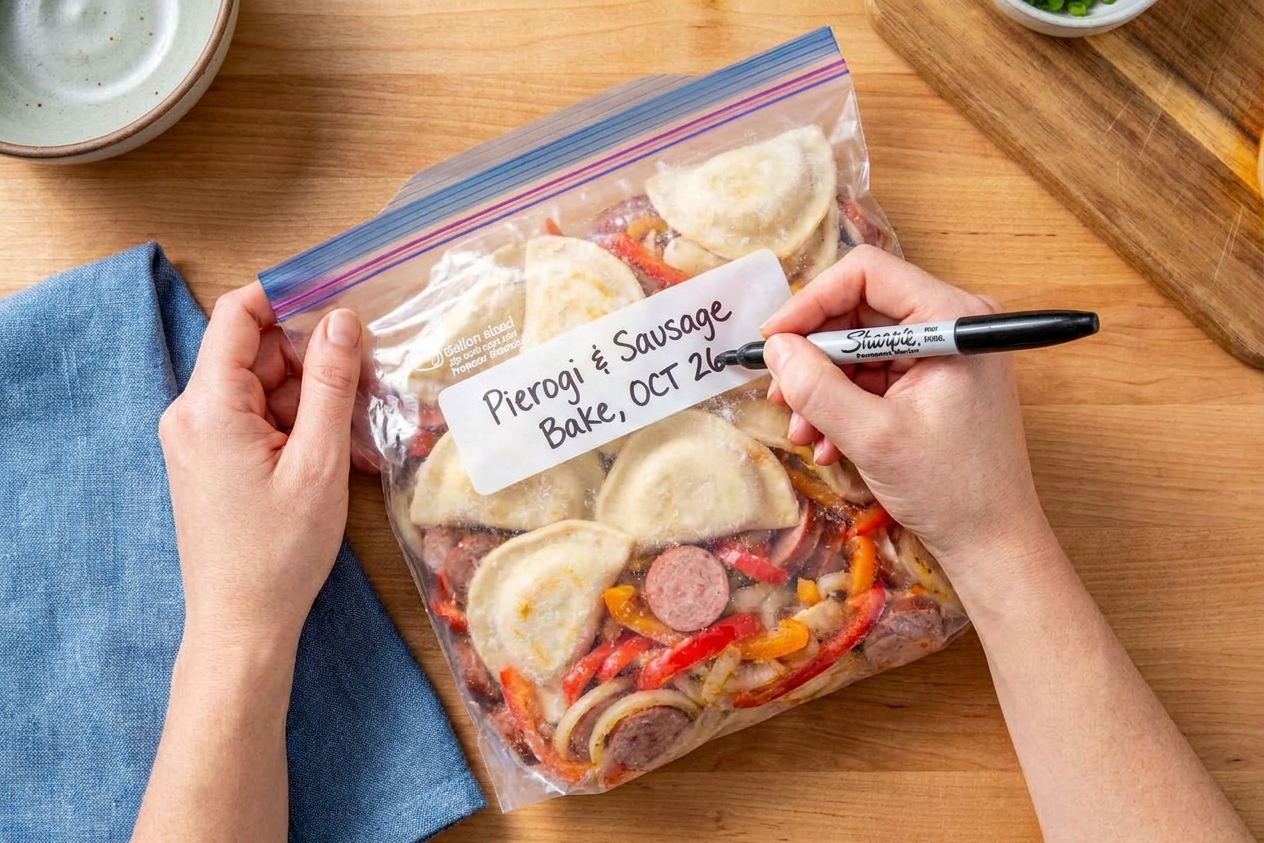 Hands writing appetizer name and date on a zip-top freezer bag filled with frozen bite-size snacks on a kitchen counter