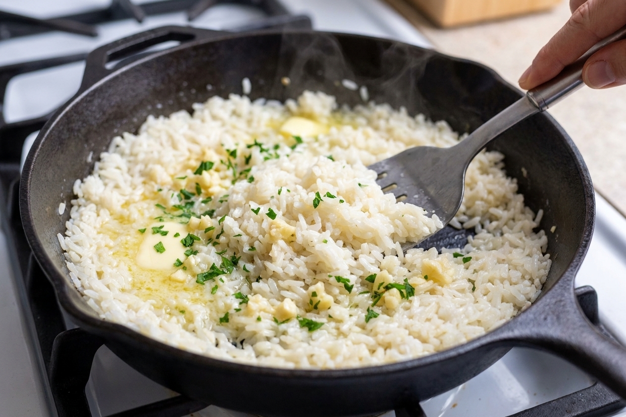 Hot white rice being stirred with melted butter and minced garlic in a skillet on a stovetop