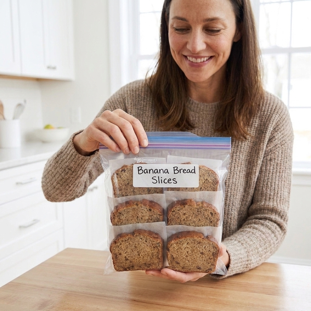 Individual slices of banana bread stacked with parchment between them inside a labeled freezer bag