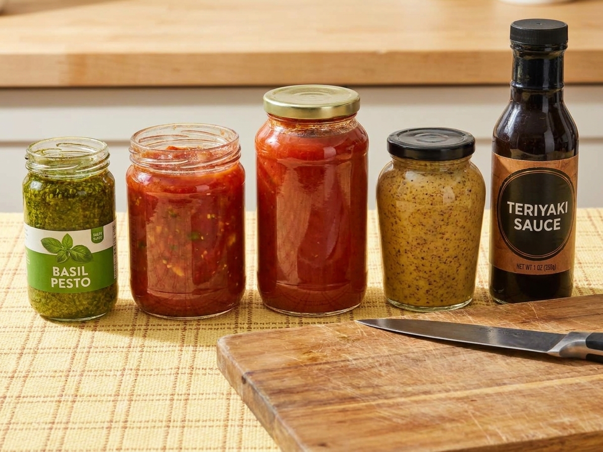 Jars of pesto, salsa, marinara, Dijon mustard, and teriyaki sauce lined up on a counter next to a cutting board