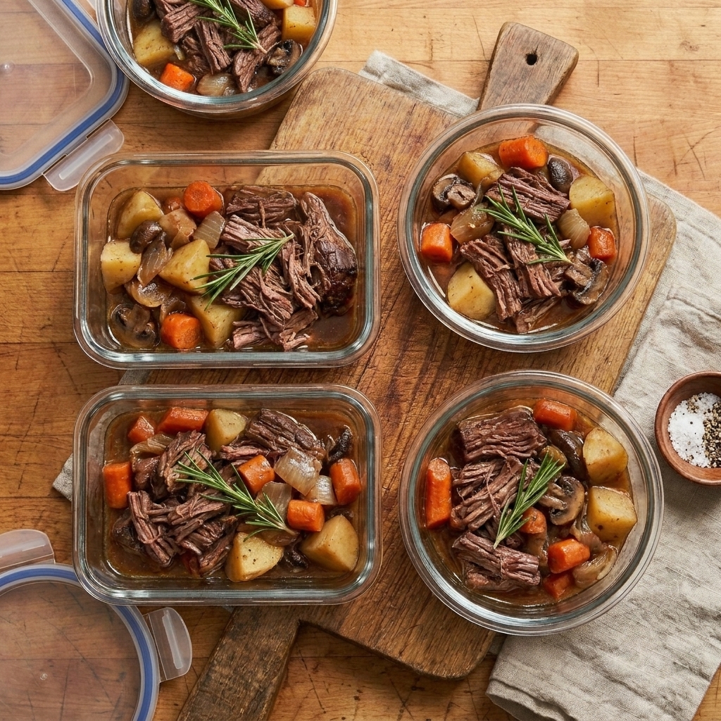 Meal prep containers filled with shredded pot roast and vegetables with cooking liquid for storage in the refrigerator