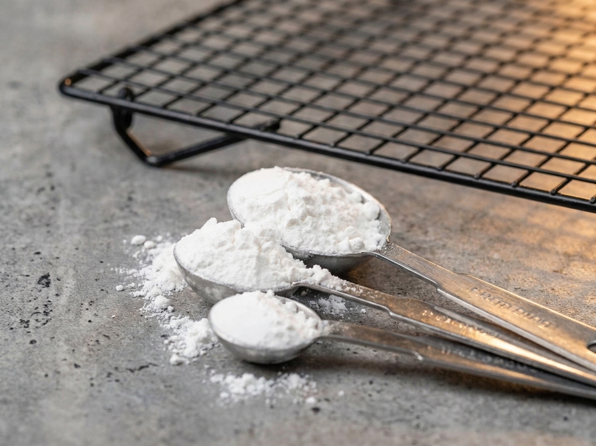 Measuring spoons filled with baking powder on a kitchen counter