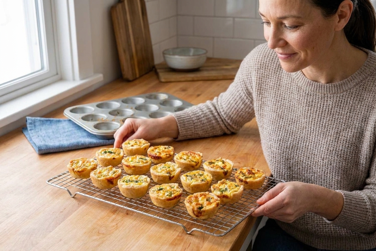 Mini quiches cooling on a wire rack with a muffin tin in the background on a kitchen counter