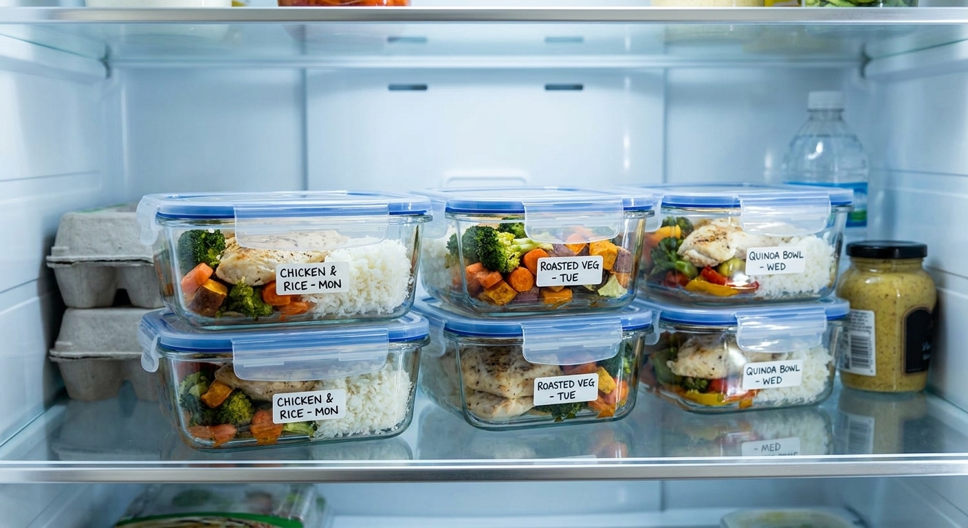 Neatly stacked, labeled meal prep containers on a refrigerator shelf with cooked chicken, rice, and roasted vegetables visible through glass