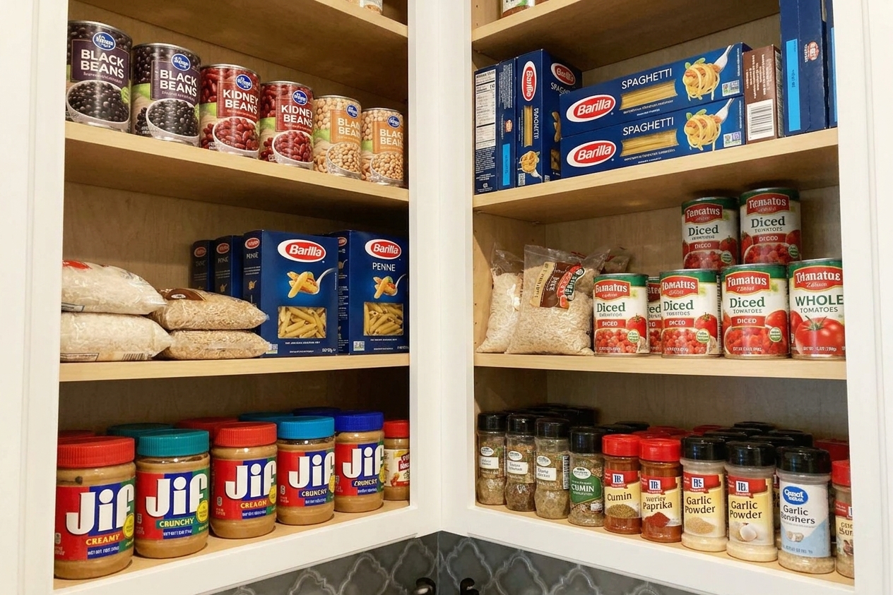 Open pantry shelves showing everyday staples like canned beans, pasta, rice, canned tomatoes, peanut butter, and spices