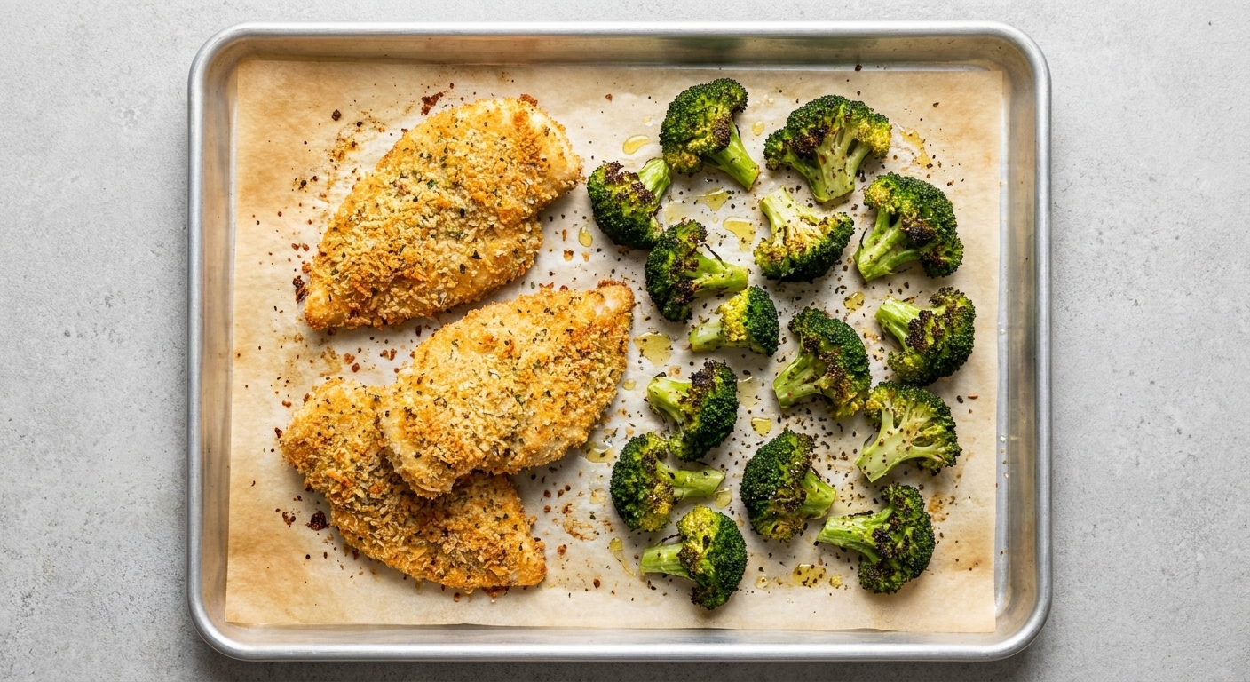 Parmesan crusted chicken cutlets and roasted broccoli on a parchment-lined sheet pan