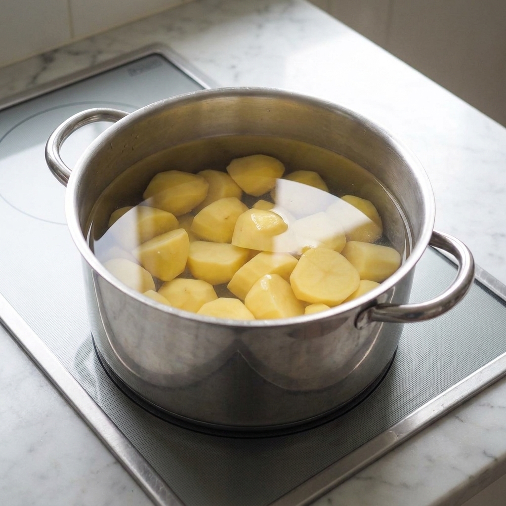 Peeled potato chunks sitting in a large pot filled with cold water on a stovetop before cooking