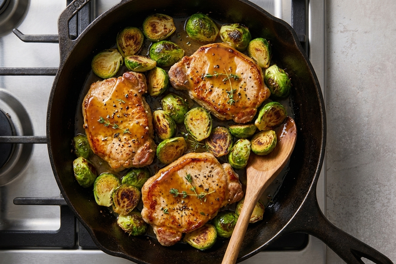 Pork chops in a skillet with browned Brussels sprouts and glossy honey mustard sauce
