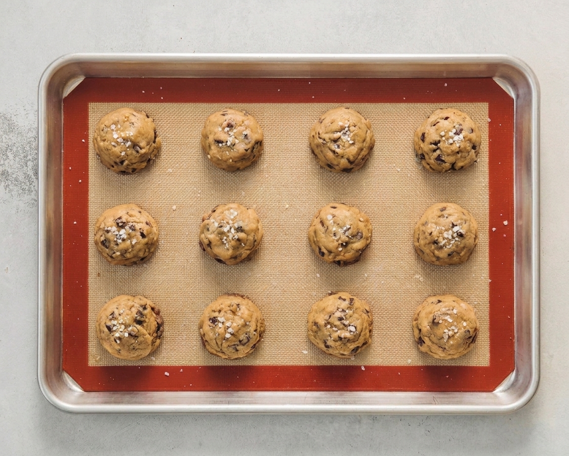 Portioned balls of cookie dough spaced out on a silicone baking mat on a sheet pan